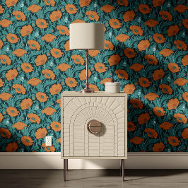Vintage klaproos in turquoise oranje zwart behang