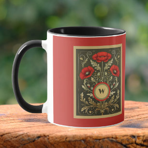 Vintage Klaprozen Goud Rood Art Nouveau Monogram Mok
