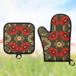 Vintage Klaprozen Goud Rood Art Nouveau Monogram Ovenwant & Pannenlap Set