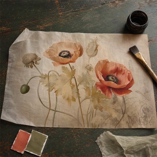 Vintage klaprozen op versleten decoupage tissuepapier