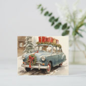 Vintage Klassieke Blauwe Kerstauto Feestdagenkaart (Staand voorkant)