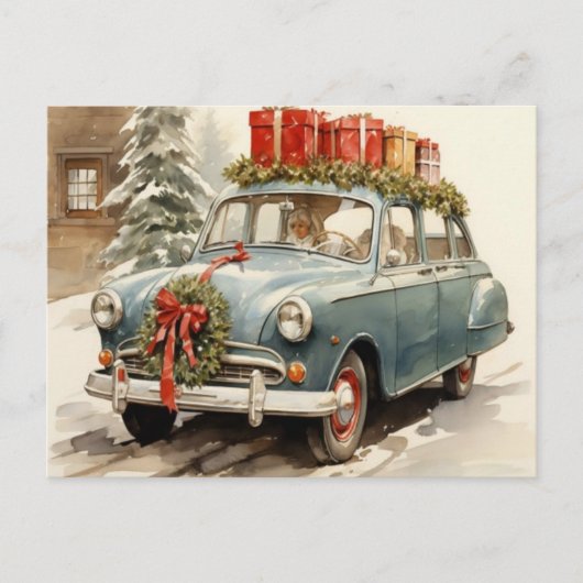 Vintage Klassieke Blauwe Kerstauto Feestdagenkaart (Voorkant)