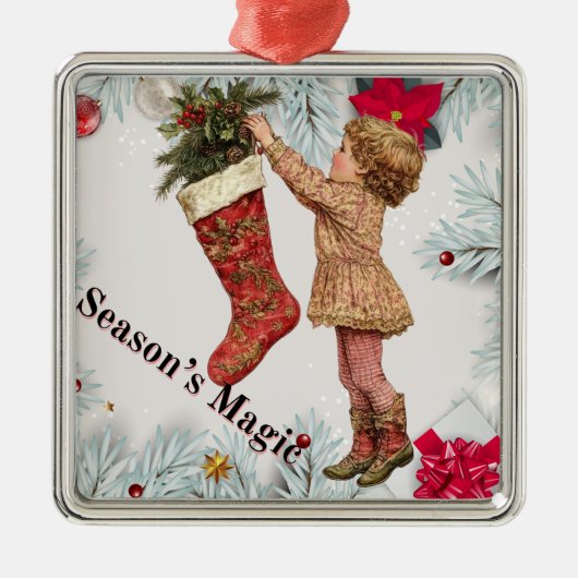 Vintage "Klein meisje hangend kous" Metalen Ornament (Voorkant)