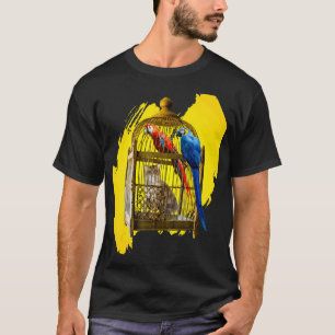 Vintage kleurrijke ara-papegaaien in kooi en kat t-shirt