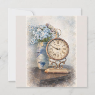 Vintage Klok met Bloemen Plat Notitiekaart – Cotta