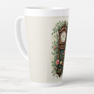 Vintage klok omringd door rozen en wijnranken latte mok