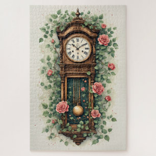 Vintage klok omringd door rozen en wijnranken legpuzzel