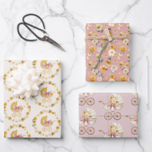 Vintage Koffer Bloem Roze Baby Shower Inpakpapier Vel