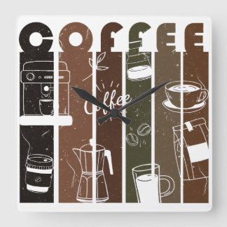 Vintage koffie typografie illustratie handgetekend vierkante klok