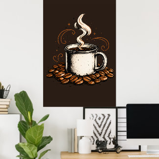 Vintage koffiekop met koffiebonen | Gezellige koff Poster