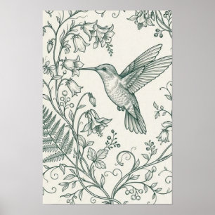 Vintage Kolibrie en Botanische Varens Fijne Lijn A Poster