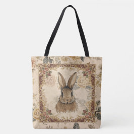 Vintage Konijn,Cute Konijn met Bloemen Patroon Tote Bag