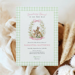 Vintage Konijn Groene Gingham Meisje Baby Shower Kaart