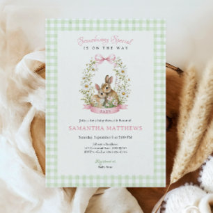 Vintage Konijn Groene Gingham Meisje Baby Shower Kaart