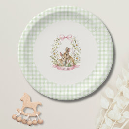 Vintage Konijn Groene Gingham Meisje Baby Shower Papieren Bordje