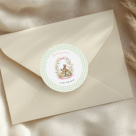 Vintage Konijn Groene Gingham Meisje Baby Shower Ronde Sticker