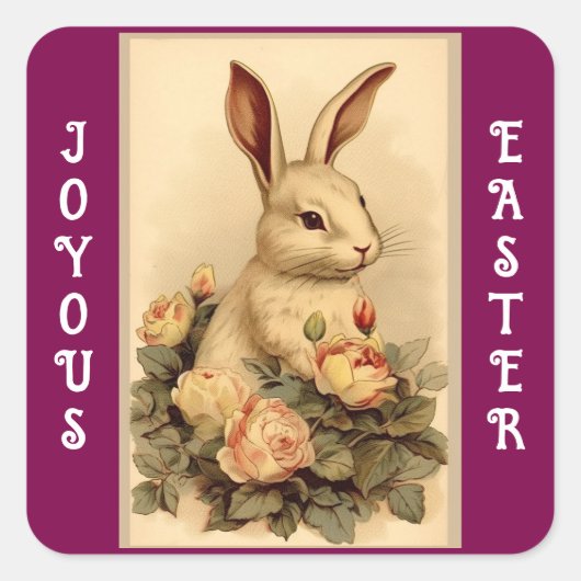 Vintage Konijn Met Rozen Vierkante Sticker (Voorkant)