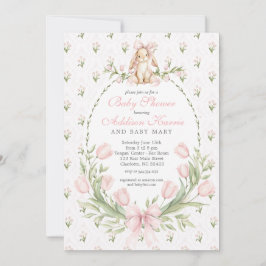 Vintage Konijn Roze Strik Bloem Meisje Baby Shower Kaart