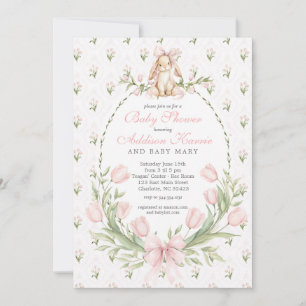 Vintage Konijn Roze Strik Bloem Meisje Baby Shower Kaart
