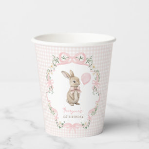 Vintage Konijn Roze Strik Meisje 1e Verjaardag Papieren Bekers