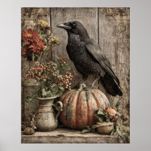 Vintage kraai en pompoen stilleven poster