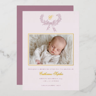 Vintage krans linten boog roze baby folie feestdagenkaart