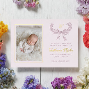 Vintage krans linten boog roze baby folie feestdagenkaart