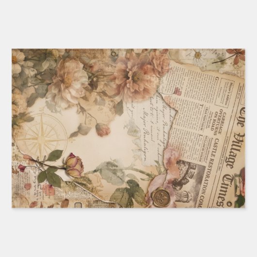 Vintage Kranten Bloem Esthetisch Inpakpapier Vel (Voorkant 3)
