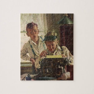 Vintage krantenjournalisten, schrijvers schrijfmac legpuzzel