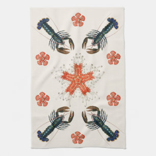 Vintage Kreeft en Koraal Design Collage Theedoek