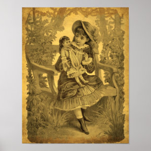 Vintage Kunst Meisje Met Pop Verweerd Poster