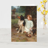 Vintage Kunstwerk - Meisje en Haar Collies, Kaart (Gele Bloem)