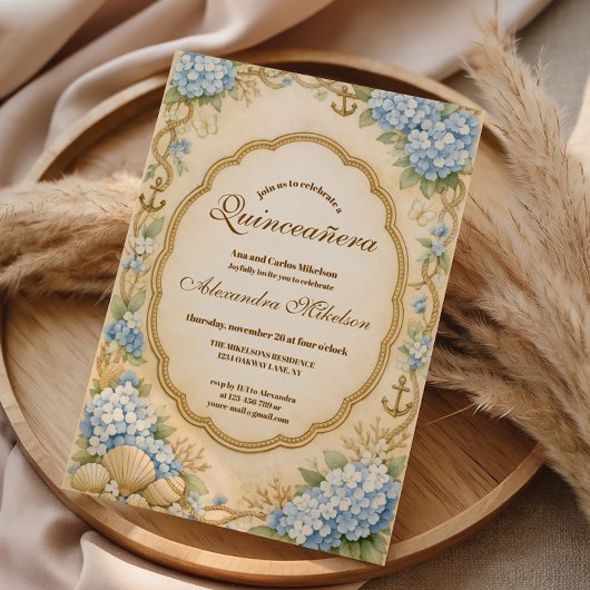 Vintage Kust Hydrangea Quinceañera Kaart