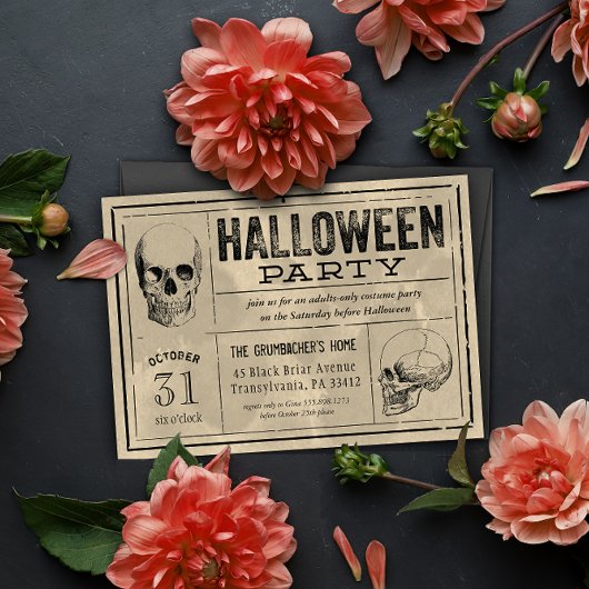 Vintage Label Halloween Party Invitation Skulls Kaart