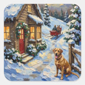 Vintage Labrador Retriever Christmas Cottage Vierkante Sticker (Voorkant)