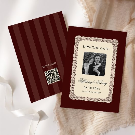 Vintage Lace Burgundy Save the Date