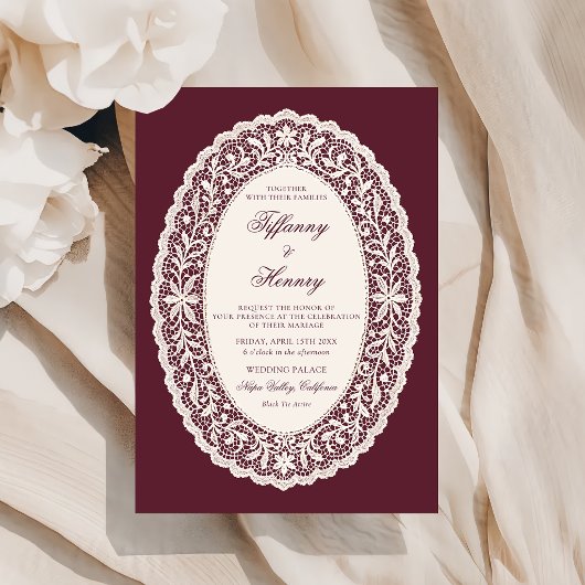 Vintage Lace Burgundy Wedding Invitation Kaart