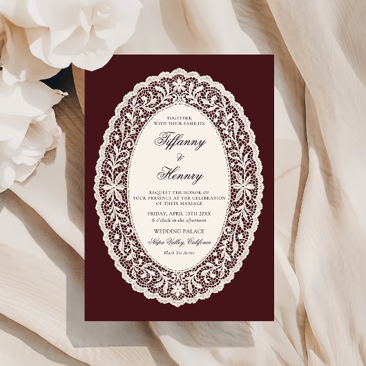 Vintage Lace Burgundy Wedding Invitation Kaart