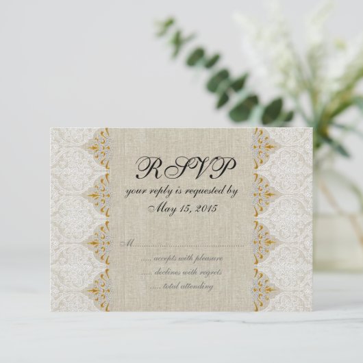 Vintage Lace Linen Rustic Wedding RSVP (Staand voorkant)