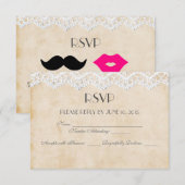 Vintage Lace Lips & Stache RSVP Kaartje (Voorkant / Achterkant)