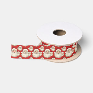 Vintage Lachende Kerstman Gezicht Rood Satijnen Lint