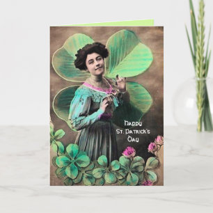 VINTAGE LADY EN LUCKY SHAMROCKS St. Patrick's Dag Kaart