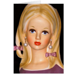 Vintage Lady Head Teen Girl Paarse Bows Kaart 1960