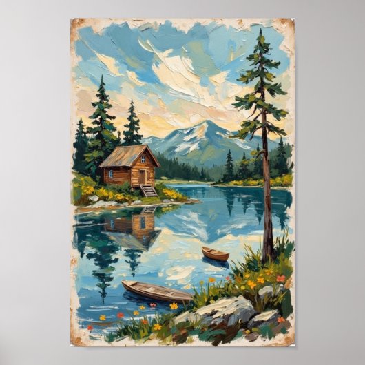 Vintage Lakeside Cabin Rustic Art Poster (Voorkant)