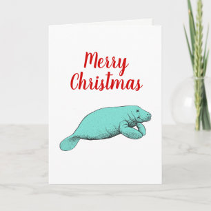 Vintage Lamantijn Tekening Kerstmis Xmas Aqua Feestdagen Kaart