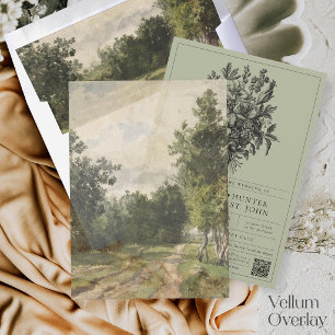 Vintage Landschap Saliegroen Overlay Trouwen Vellum Uitnodigingen