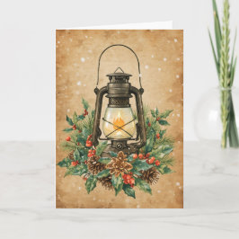 Vintage lantern holly pine rustic festive warm  kaart