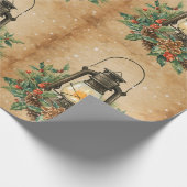 Vintage lantern holly pine rustic festive winter  cadeaupapier (Hoek)