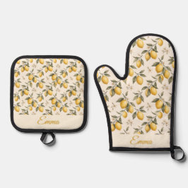Vintage Lemon Blossom – Elegante Botanische Citroe Ovenwant & Pannenlap Set