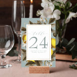 Vintage Lemon Botanical Wedding Dusty Blue Kaart<br><div class="desc">Dit trouwontwerp is gedetailleerd met een  botanische afdruk van het citroenvlees plant en is ontworpen om een unieke citrusaanraking toe te voegen aan uw trouwbenodigdheden. De achtergrond van de kaart is stoffig blauw en het ontwerp is voorzien van twee gouden lijsten.</div>